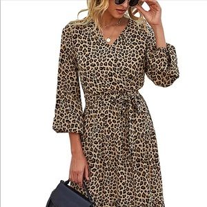 V Neck Wrap Long Sleeve Leopard Belted Flowy Midi Dress